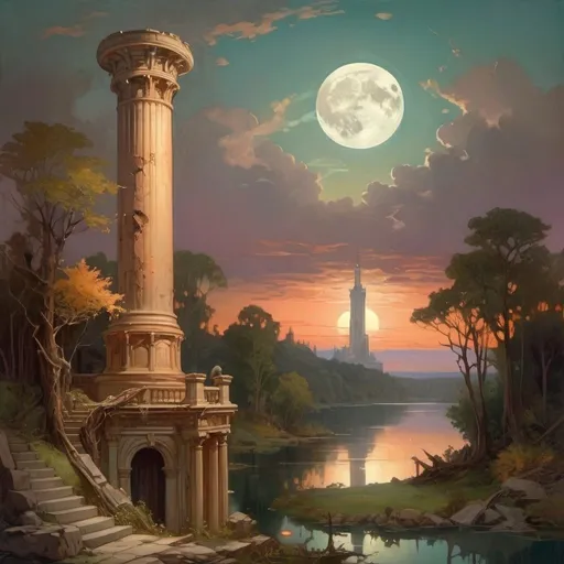 Prompt: a painting of a landscape with a lake and a tower in the middle of it, with a moon in the distance, The Course of Empire. Desolation by Thomas Cole, hudson river school, elysium, a painting


"Step into the haunting world of Thomas Cole's 'The Course of Empire: Desolation' as you reimagine this powerful painting in your own unique style.

Transport viewers to a post-apocalyptic landscape, where the remnants of civilization lay in ruins amidst the overgrown foliage and crumbling architecture. Embrace the eerie beauty of nature reclaiming its territory as vines creep up the columns and trees take root in the once-grand structures.

Experiment with light and shadow to capture the sense of desolation and decay, as the muted colors of sunset cast long shadows across the scene. Explore the juxtaposition of nature's relentless growth with the impermanence of human achievement, inviting viewers to contemplate themes of mortality and resilience.

Infuse your artwork with a sense of narrative, inviting viewers to ponder the events that led to this desolate state and imagine the stories of the people who once inhabited this place. Whether you choose to stay true to Cole's original vision or offer a fresh interpretation of the theme, let your creativity shine as you explore the timeless themes of human civilization and the passage of time."

This prompt encourages artists to delve into themes of destruction, renewal, and the passage of time, inviting them to create their own unique interpretation of Cole's masterpiece.