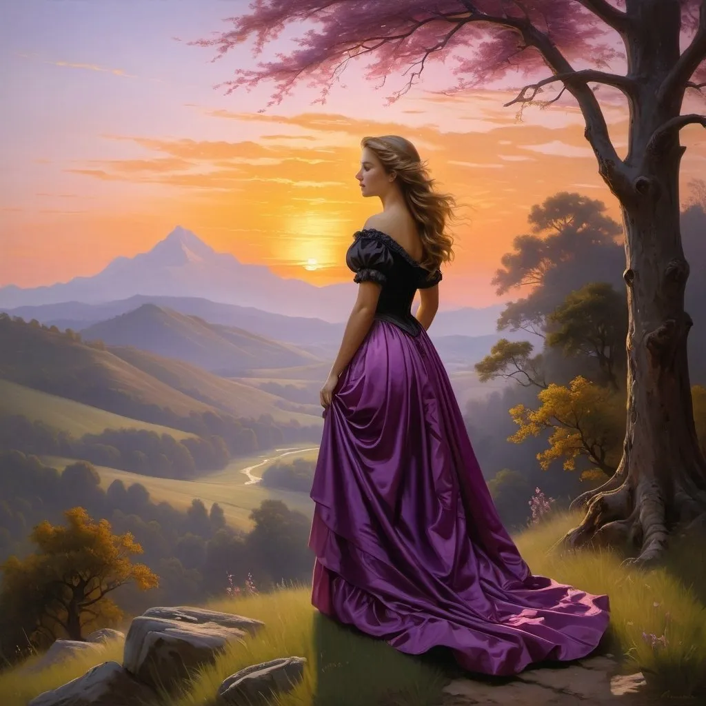 Prompt: Create a UHD, 64K, professional oil painting in the style of Carl Heinrich Bloch, blending the American Barbizon School and Flemish Baroque influences. Depict a beautiful woman standing at the edge of a forest at sunset. She is dressed in a simple, elegant gown with a black overlay and a flowing purple skirt. The sunset throws an array of purple, pink, and orange streaks across the sky, casting a golden glow over the landscape and the old tree beside her. In the background, a majestic mountain rises against the horizon. The atmosphere is serene and filled with the gentle beauty of a quiet evening, emphasizing the tranquil and picturesque scene.



