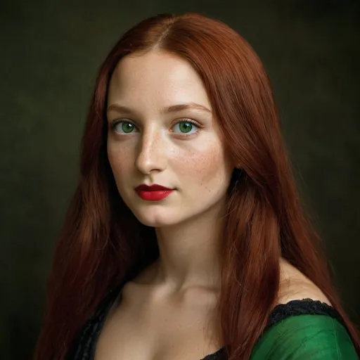 Prompt: Mona Lisa, dark freckle, red hair, green eyes, red lipstick