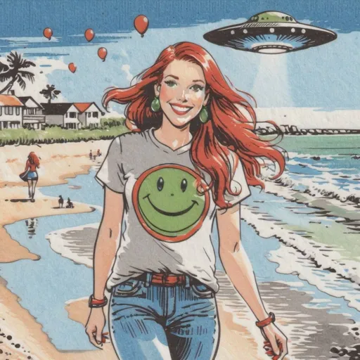 Prompt: photorealistic portrait of a [(27 year-old woman),  (cover with dark freckle), (green eyes), (long ginger hair), (red lipstick), (a smile on her face), ( smiley face earrings), (smiley-face t-shirt), (long blue jean), (red and blue tennis shoes),]on the beach, looking very excited at an attacking UFO