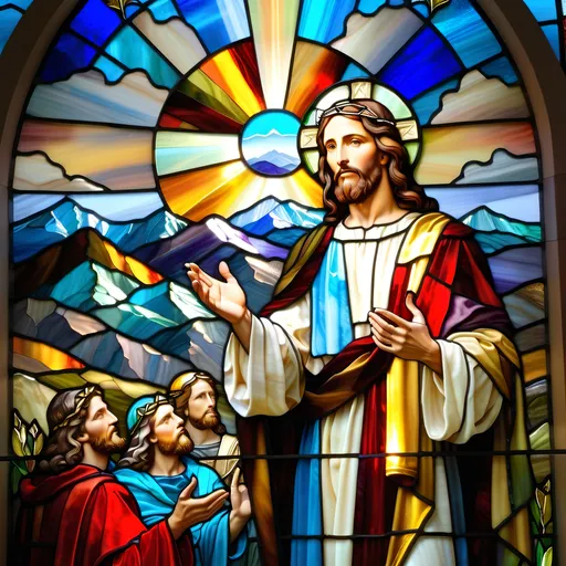 Prompt: a Stained Glass Portrait  Jesus with halo giving his people a Sermon on the mountain top, with a sky background and a mountain range in the distance, classical Stained Glass , 