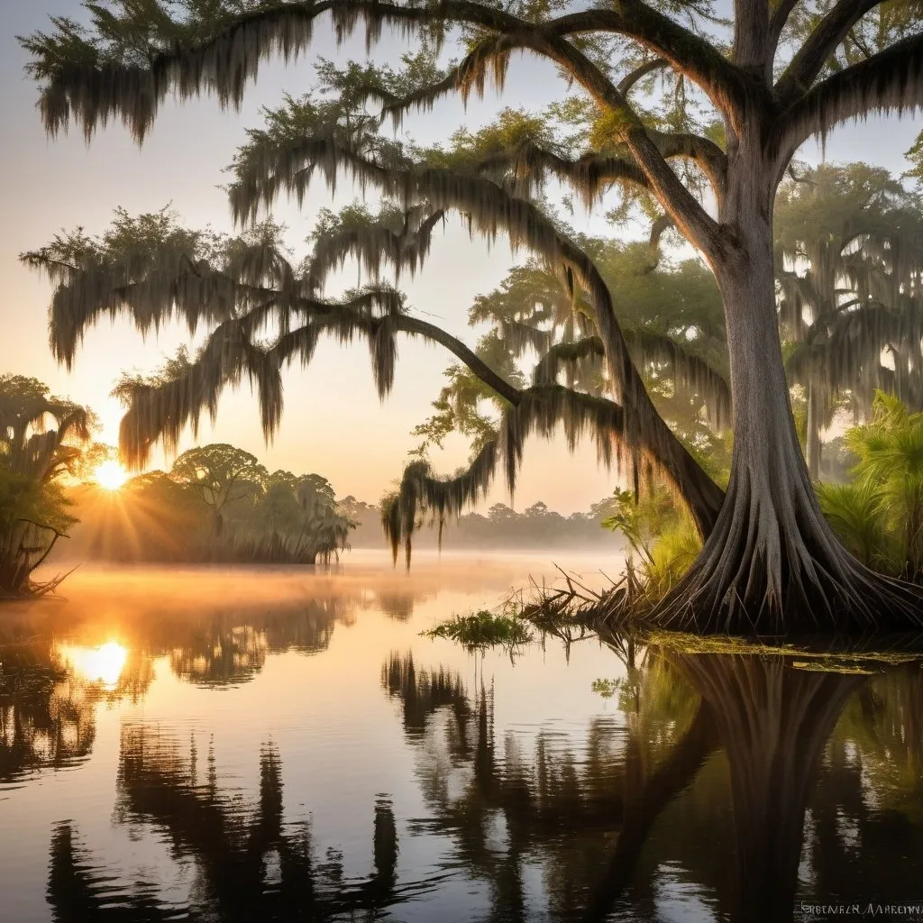 Prompt: Louisiana  Bayou at sunrise, 
wide angle view, 
full depth of field, 
beautiful, 
high resolution, 
realistic, 
detailed foliage,
serene atmosphere, 
golden hour lighting, 
misty Bayou,
majestic cypress trees, 
natural beauty,
landscape painting, 
professional quality, 
sunrise,
Spanish moss, 
misty Bayou, 
realistic, 
detailed foliage,
serene atmosphere, 
wide angle view, 
full depth of field, 
beautiful, high resolution, 
golden hour lighting, 
majestic white egrets, 
natural beauty.