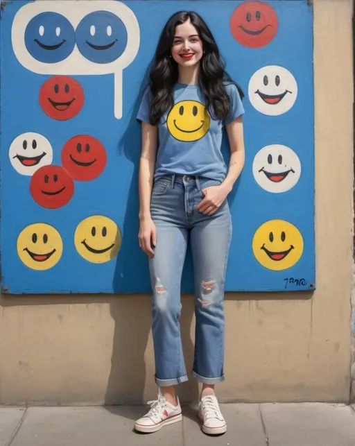 Prompt: a full-length portrait painting,
 27 year-old woman, 
cover with dark freckle,
 blue eyes, 
long black hair, 
red lipstick, 
a smile on her face, 
standing on 3D chart art on sidewalk, 
smiley-face  t-shirt, 
long blue jean,
blue tennis shoes,
1970s oil painting,