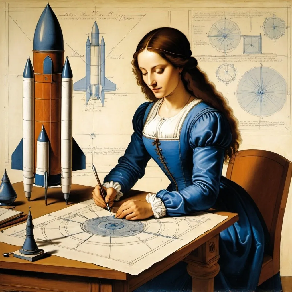 Prompt: color painting of a woman drawing a blueprint as she is working as  an Aerospace Engineer designing a rocket in an office ,Renaissance, Leonardo da Vinci,