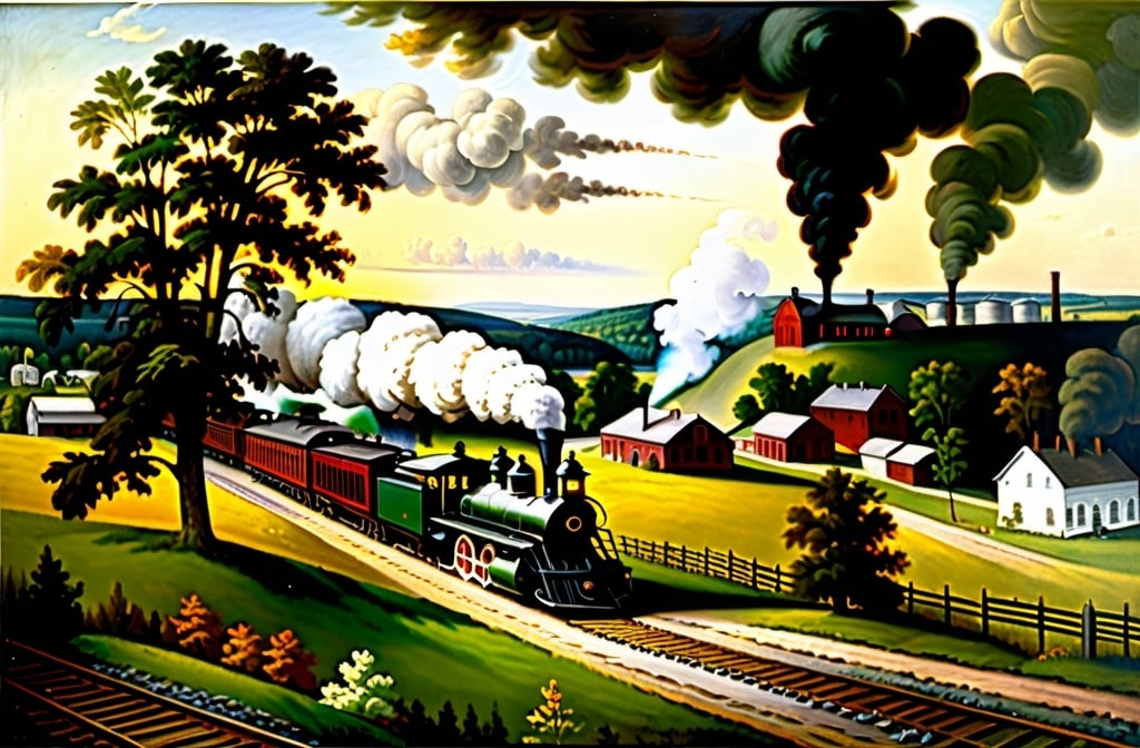 Prompt: 
a modified version of George Inness's painting "The Lackawanna Valley." The painting, completed in 1855, depicts a rural landscape in Pennsylvania with a steam train and industrial buildings in the distance, symbolizing the arrival of the railroad and industrialization to the region.

This playful addition contrasts with the historical context of the original painting, which captures the transformation of the American landscape during the 19th century. The original painting is renowned for its portrayal of the tension between the natural environment and industrial progress.