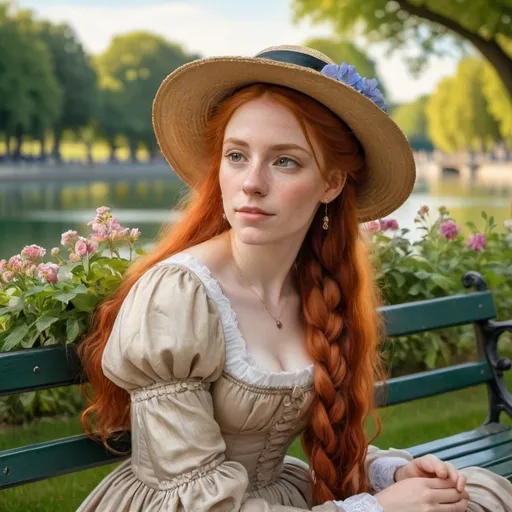 Prompt: Painting of a woman with long red hair in French braid sitting on a bench in a park wearing a hat and dress with flowers, renaissance oil painting, a painting