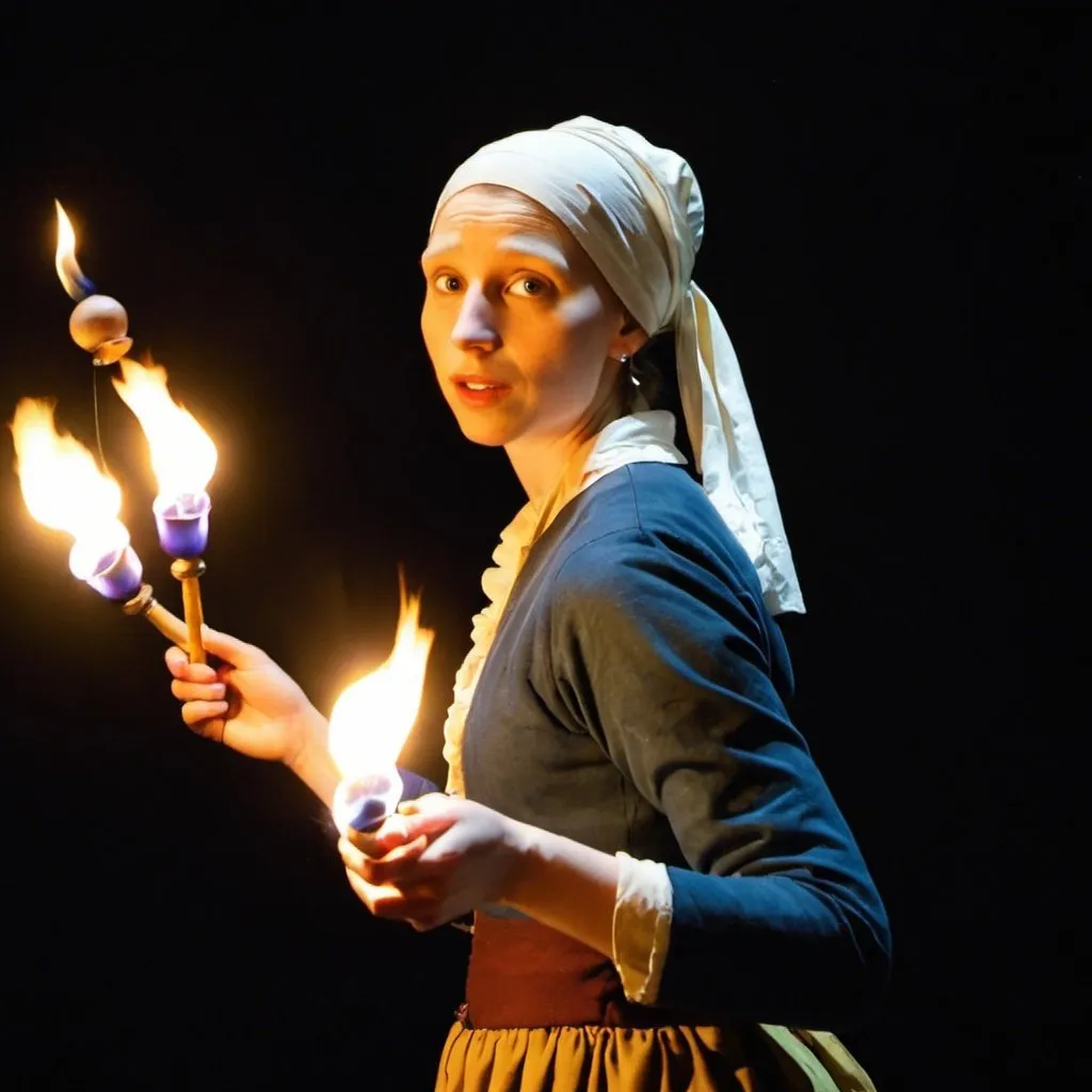 Prompt: "the girl with the pearl earring" juggling torches