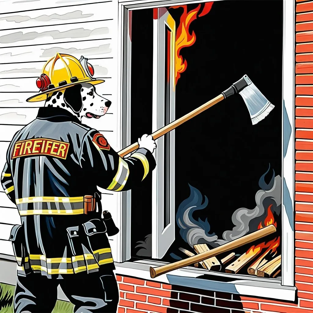 Prompt: A painting profile view  of an anthropomorphic dalmatian dog as firefighter, suit firefighter suit helmet on using an ax to chop a door of a home that is on fire.