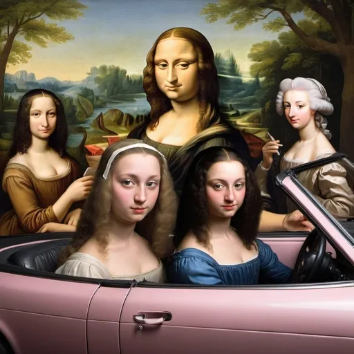 Prompt: 21 year-old college man,   driving a convertible with passengers, Mona Lisa,  Helen of Troy, and   Marie Antoinette 