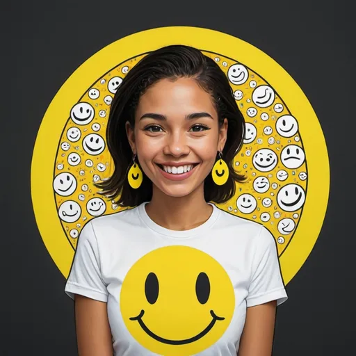 Prompt: a woman wearing a white t-shirt. 

the  t-shirt has a yellow smiley face with two eyes and a smile on it's face, with a black outline, Dave Gibbons, naive art, smile, a digital rendering

 the woman is wearing  earrings


the earrings has a yellow smiley face with two eyes and a smile on it's face, with a black outline, Dave Gibbons, naive art, smile, a digital rendering