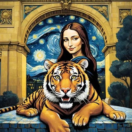 Prompt: Mona Lisa riding a tiger through the Arc de Triomphe in the style of "The Starry Night" by Vincent van Gogh