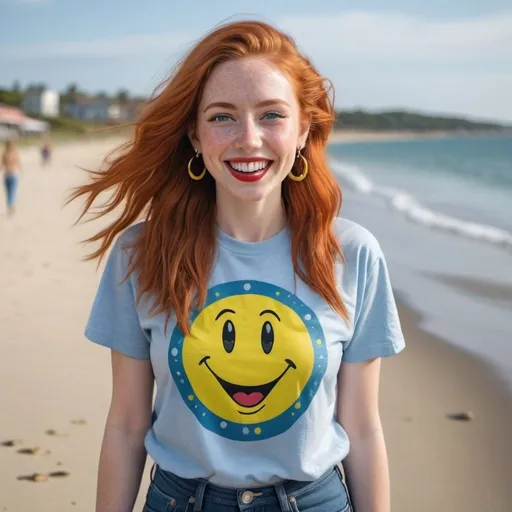 Prompt: photorealistic portrait of a [(27 year-old woman),  (cover with dark freckle), (green eyes), (long ginger hair), (red lipstick), (a smile on her face), (earrings with a smiley face on it's earring hooks), (smiley-face t-shirt), (long blue jean), (red and blue tennis shoes),]on the beach, looking very excited at an ufo