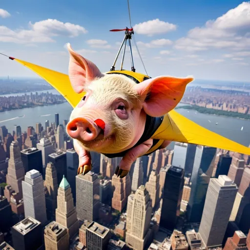 Prompt: a  pig ,  flying over New York city  on hang glider, 