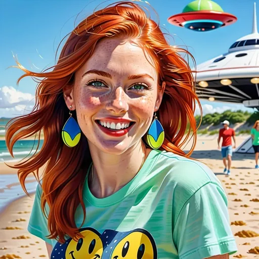 Prompt: photorealistic portrait of a [(27 year-old woman), (cover with dark freckle), (green eyes), (long ginger hair), (red lipstick), (a smile on her face), ( smiley earrings), (smiley t-shirt), (long blue jean), (red and blue tennis shoes),] on the beach, looking very happy at an attacking UFO