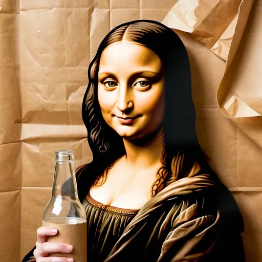 Prompt: Mona Lisa smiling while drinking from glass bottle in a wrinkled brown paper.