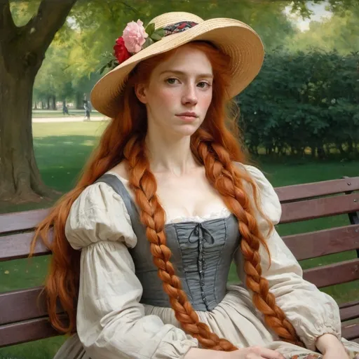 Prompt: Painting of a woman with long red hair in French braid sitting on a bench in a park wearing a hat and dress with flowers, Portrait by Jean-Baptiste
Carpeaux