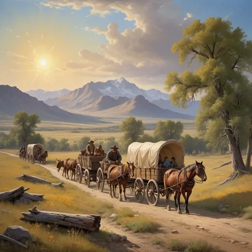Prompt: Create a UHD, 64K, professional oil painting in the style of Carl Heinrich Bloch, blending the American Barbizon School and Flemish Baroque influences. Depict a historical scene of a wagon train heading westward across the American frontier. The foreground features a rugged trail winding through a vast prairie, with several covered wagons pulled by oxen and horses. The wagons are filled with pioneers, their expressions a mix of determination and hope as they embark on their journey.

In the midground, the prairie stretches out with tall grasses swaying in the breeze, dotted with wildflowers. The sky is a brilliant blue, with fluffy white clouds drifting lazily, but hints of dramatic, distant mountains can be seen on the horizon, promising both challenges and opportunities ahead.

The background showcases the expansive landscape, with a river meandering through it, providing a source of life and a guide for the travelers. The painting includes various elements typical of the westward journey: a family gathered around a campfire, a scout on horseback surveying the path ahead, and children playing near the wagons, their laughter bringing a sense of normalcy to the arduous trek.

The atmosphere captures the spirit of adventure and resilience, with warm, golden light illuminating the scene as the sun begins to set, casting long shadows and enhancing the texture of the landscape. This painting celebrates the courage and pioneering spirit of those who ventured west in search of a new life, encapsulating both the beauty and the hardships of the journey.