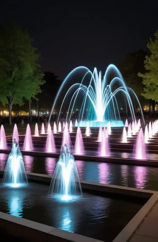 Prompt: a large fountain of water with lights on it's sides at night time in a park area.   kinetic art, volumetric lights, an abstract sculpture