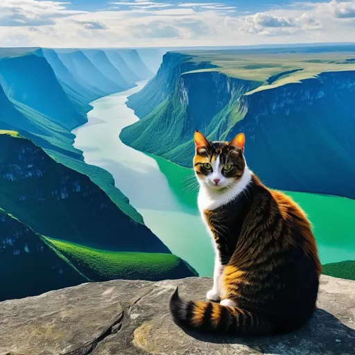 Prompt: a photo of cat sitting on the highest mountain peak overlook green plains and blue rivers.