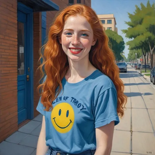 Prompt: a full-length portrait painting,
Helen of Troy 
cover with dark freckle, 
green eyes,
long ginger hair, 
red lipstick,
smile on her face,
standing on the sidewalk, 
smiley-face  t-shirt, 
long blue jean,
blue tennis shoes,
academic art, renaissance oil painting