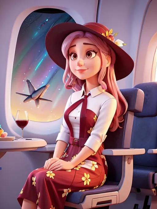 Prompt: a 21-year-old woman in a long flower print Empire Dress with a high neck line and white hat sitting on an airplane seat with a hat on her head drinking red wine,  and (( the Andromeda Galaxy))  in the background with a window, Annie Leibovitz, precisionism, promotional image, an art deco painting  drinking red wine,