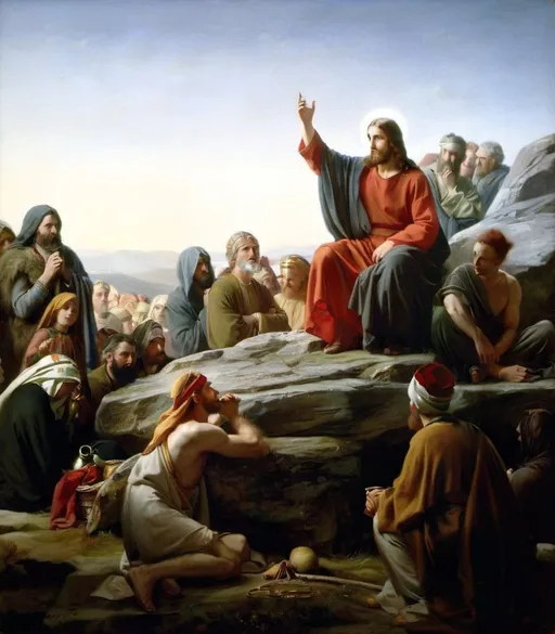 Prompt: a painting of Jesus with halo giving his people a blessing on the mountain top, with a sky background and a mountain range in the distance, Carl Heinrich Bloch, american barbizon school, classical painting, an oil on canvas painting