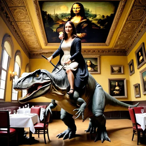 Prompt: Mona Lisa  riding a tyrannosaurus in a five star restaurant