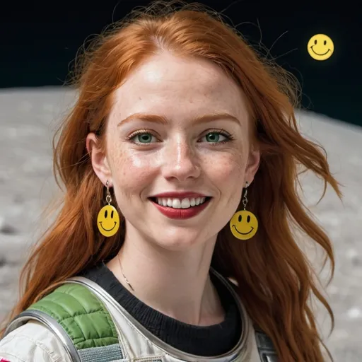 Prompt: portrait,  
(27 year-old woman), 
(walking on the moon ),
(cover with dark freckle), 
(green eyes), 
(long ginger hair), 
(red lipstick), 
(a smile on her face), 
(earrings with a smiley face on it's earring hooks),  


