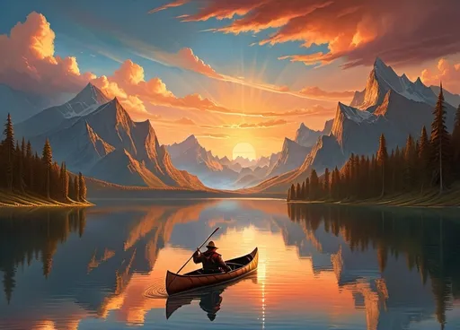 Prompt: a painting of a man in a canoe on a lake with mountains in the background and a sunset in the sky, Christophe Vacher, fantasy art, highly detailed digital painting, a detailed matte painting
