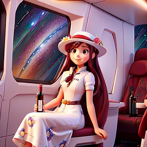 Prompt: a 21-year-old woman in a long flower print Empire Dress with a high neck line and white hat sitting on a spaceplane seat with a hat on her head drinking red wine,  and (( the Andromeda Galaxy))  in the background with a window, Annie Leibovitz, precisionism, promotional image, an art deco painting  drinking red wine,