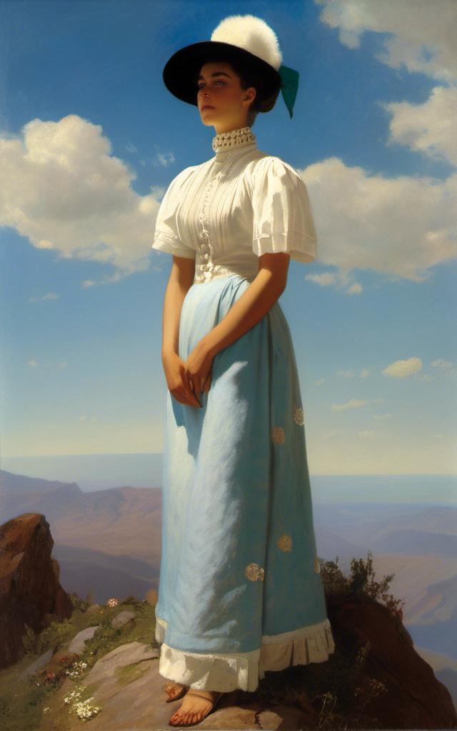 Prompt: a  ((a 21-year-old woman in a long flower print Empire Dress with a high neck line and white hat)) standing on top of a mountain with a blue sky in the background, Ella Guru, symbolism, giantess art, an album cover

<mymodel>