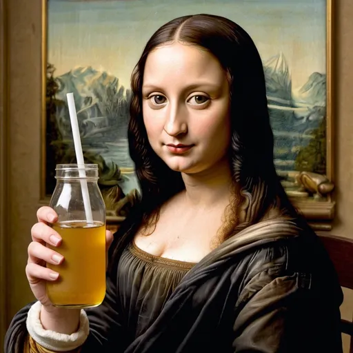 Prompt: Mona Lisa  drinking through a straw stuck in an open glass bottle.