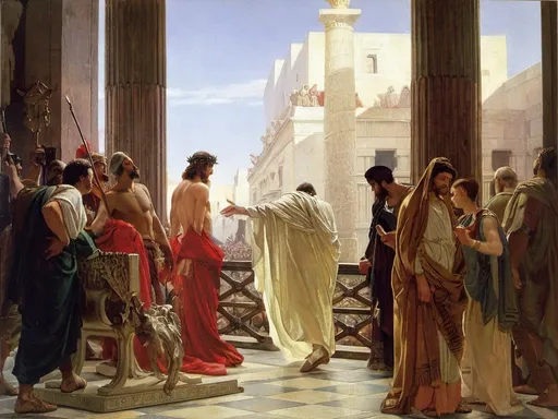 Prompt: Ecce homo! Antonio Ciseri's 1871 depiction of Pontius Pilate presenting Jesus to the public

a painting of a group of people standing around a building with columns and a statue of a man in a white robe, Carl Heinrich Bloch, classical realism, classical painting, a painting