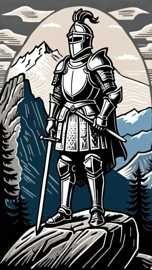 Prompt: A linocut of a proud and majestic knight is standing on a rock in the wilderness with mountains and trees in the background, neo-primitivism, detailed illustration, a woodcut

