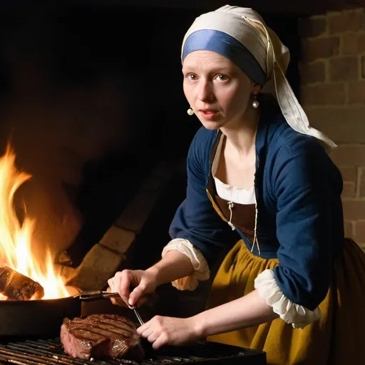 Prompt: "the girl with the pearl earring" grilling a steak over fire