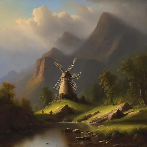 Prompt: Create a UHD, 64K, professional oil painting in the style of Albert Bierstadt, Hudson River School, american scene painting, Depict a playfully  balanced windmill on  the mountain that stood out  bold and clear against the sky its towering crags and deep ravines filled with mystery and beauty.