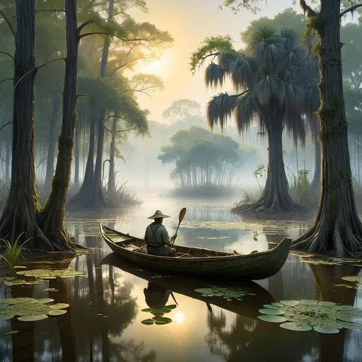 Prompt: Create a UHD, 64K, professional oil painting in the style of Carl Heinrich Bloch, blending the American Barbizon School and Flemish Baroque influences. Depict a serene and mystical Louisiana swamp scene. The foreground features cypress trees with gnarled roots emerging from the murky water, draped with Spanish moss that hangs like delicate lace. The water's surface reflects the lush greenery and is dotted with water lilies and the occasional ripple from unseen creatures.

In the midground, a wooden pirogue (small boat) with an old fisherman casting a net adds a human element to the natural landscape. His weathered face shows concentration and a deep connection with his surroundings. The background fades into a misty horizon where the dense foliage of the swamp seems to merge with the sky.

The setting includes wildlife typical of a Louisiana swamp: an alligator sunning itself on a log, a great blue heron standing still in the water, and a family of turtles basking on a fallen branch. The atmosphere is humid and still, with shafts of sunlight piercing through the canopy, illuminating the swamp with a soft, golden light. The painting captures the tranquil beauty and eerie mystery of the swamp, emphasizing its rich biodiversity and the harmony between the people and their environment.