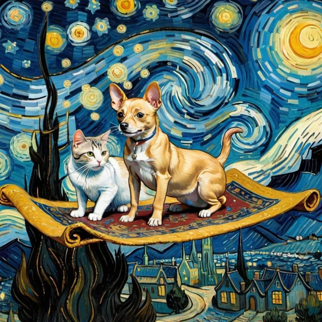 Prompt: A dog,  a cat, and a mouse flying on a "magic carpet" in "The Starry Night" by Vincent van Gogh