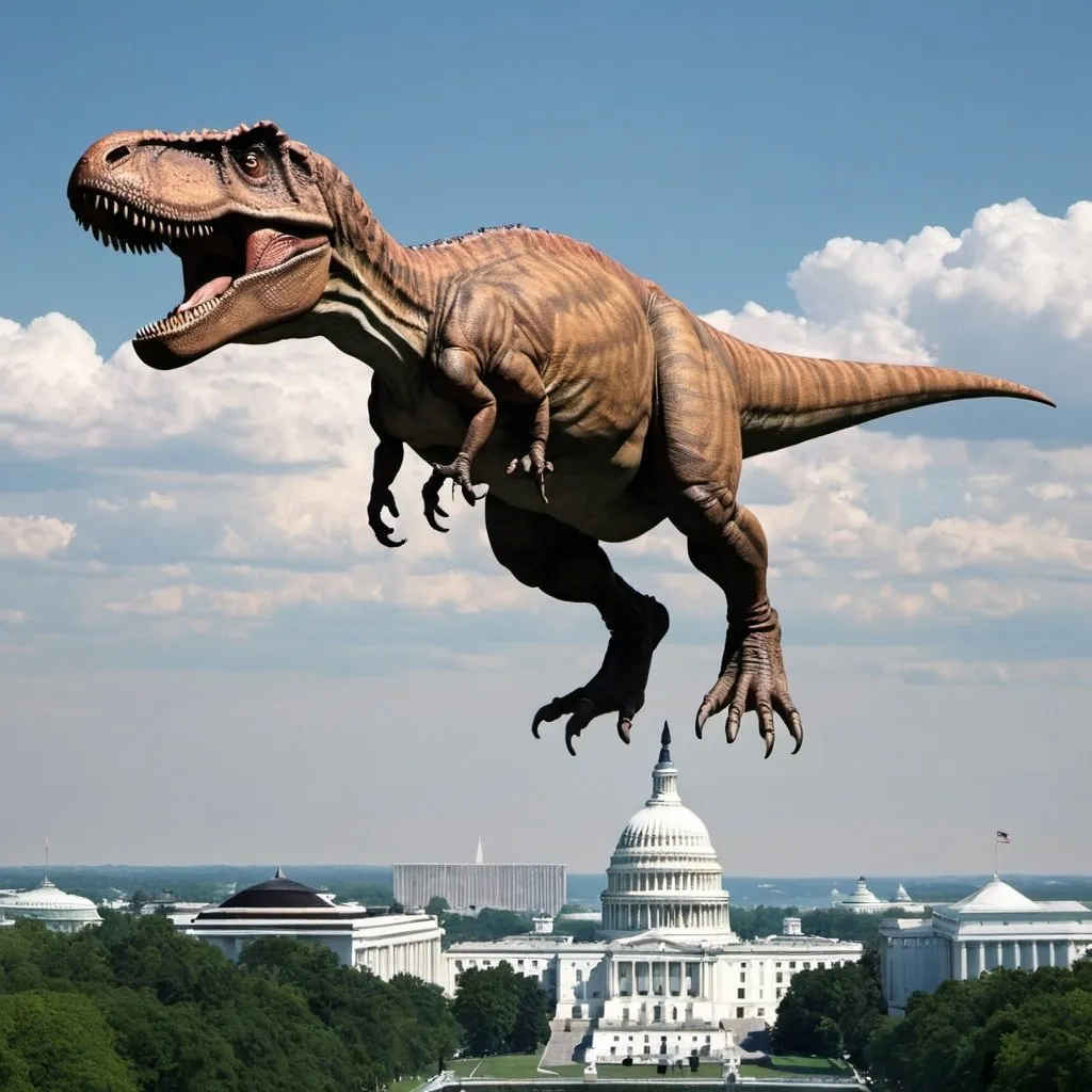 Prompt:  tyrannosaurus flying over washington DC
