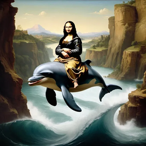 Prompt: Mona Lisa riding a dolphin that is jumping over a canyon.