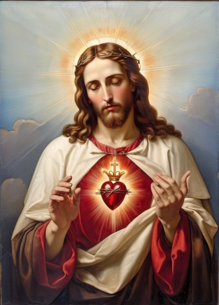 Prompt: Sacred Heart of Jesus, oil on canvas - 19th-century Portuguese school. a painting of Jesus with a halo, a flaming heart top with a cross on his chest in Nail  marks Wounds in his hands.  with a light shining through it and a cross on chest, Carl Heinrich Bloch, figurativism, renaissance oil painting, an oil on canvas painting