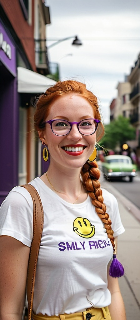Prompt: portrait of a smiling 27 year-old woman. green eyes. cover with dark freckle. long ginger hair ginger in a French braid.   wearing  red lipstick. purple broad rimmed eyeglasses.  "1970s yellow smiley face earrings,"  and  white t-shirt,  smiles at the camera while standing on a sidewalk, figurativism, 1970s, a character portrait.