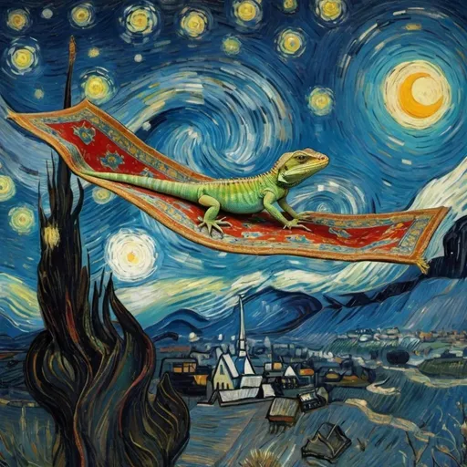 Prompt: a Lizard flying on a "magic carpet" in "The Starry Night" by Vincent van Gogh
