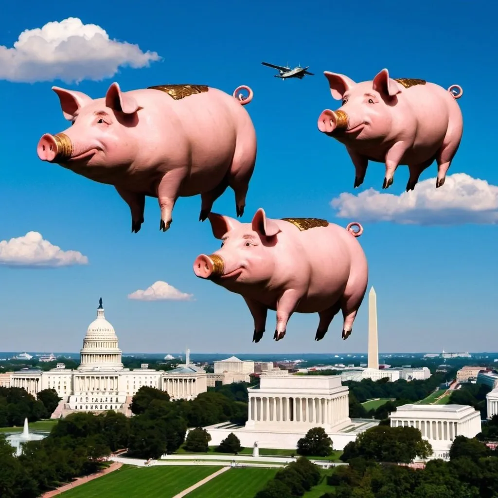 Prompt: three pigs flying over washington DC
