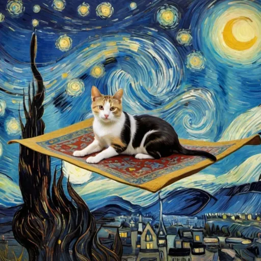 Prompt: A "dog, cat, and mouse"  flying on a "magic carpet" in "The Starry Night" by Vincent van Gogh