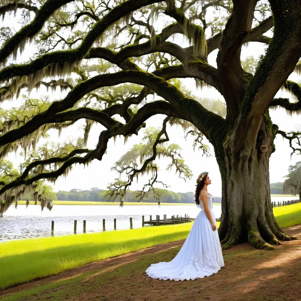 Prompt: French, Evangeline standing under an oak tree Spanish moss  looking  towards  a Bayou waiting for her lost love Gabriel 18th century