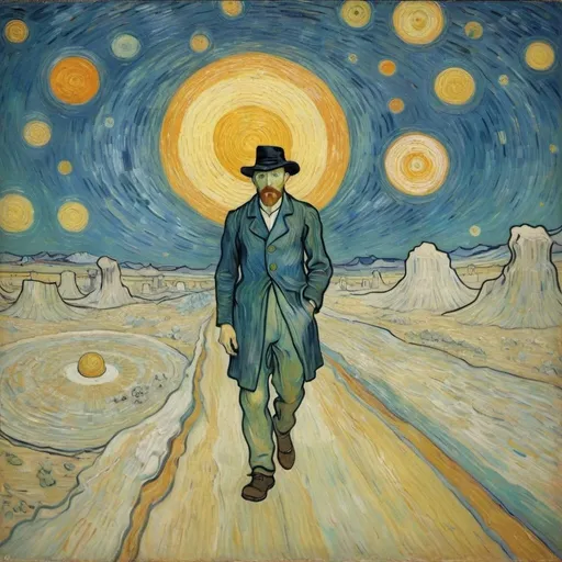 Prompt: Vincent van Gogh  walking on  the Rings of Saturn
