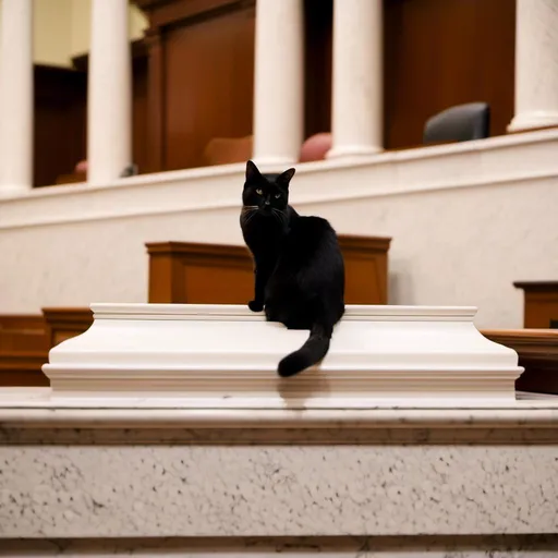 Prompt: <mymodel>"draw a cat sitting on a legislative  podium in  the well of  a legislative chamber during a legislative session."