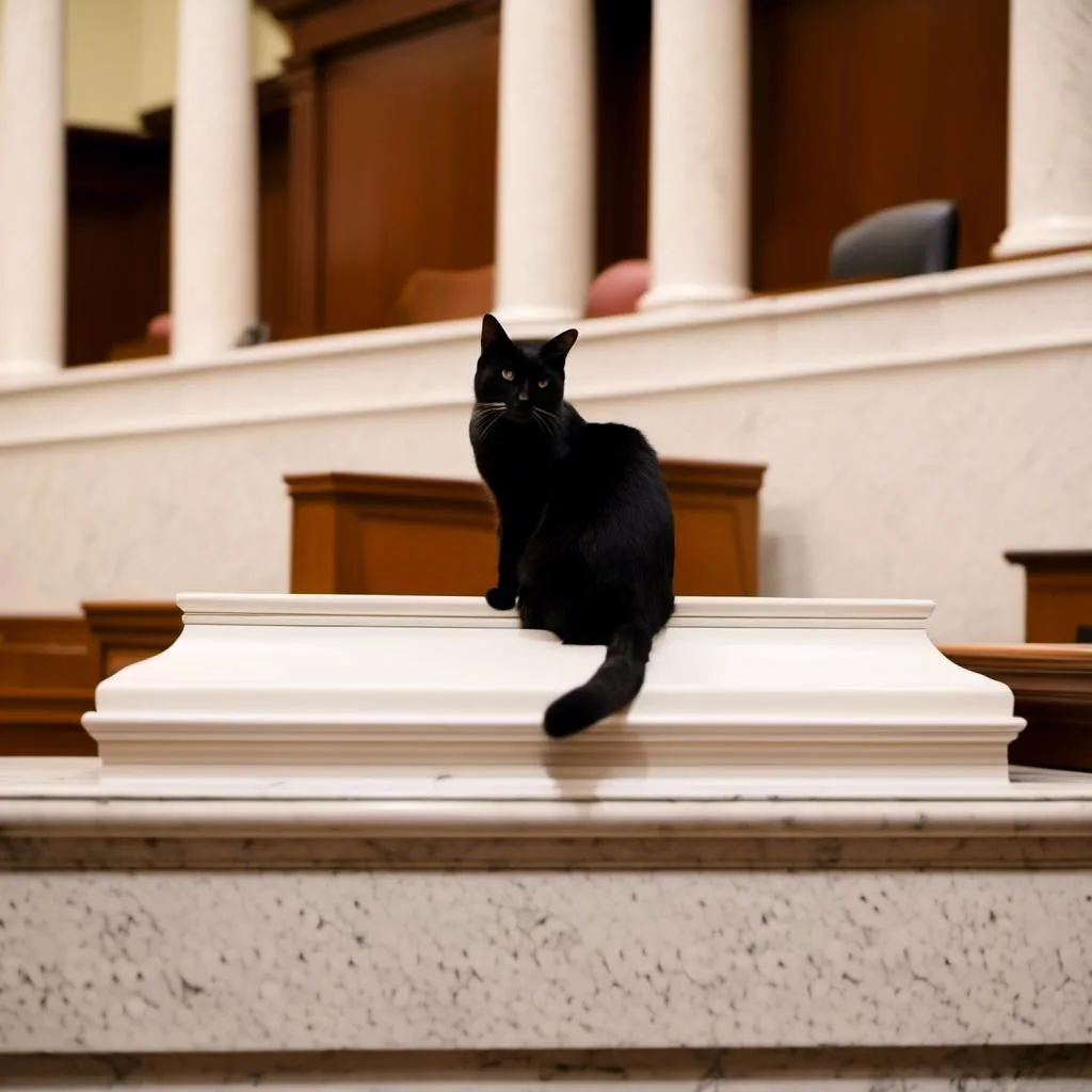 Prompt: <mymodel>"draw a cat sitting on a legislative  podium in  the well of  a legislative chamber during a legislative session."