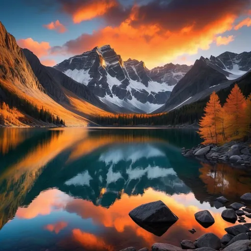 Prompt: In rugged peaks where snow caps gleam,
A lake reflects the day's last beam.
Altocumulus blankets, soft and bright,
Painting the sky with hues of delight.

As sun descends, a fiery dance,
Casting shadows in a fleeting trance.
Mountains stand tall, in silhouette,
As twilight whispers its sweet duet.

Reflections shimmer on tranquil lake,
Nature's masterpiece, no brush can fake.
In this serene, majestic scene,
A sunset's beauty reigns supreme.